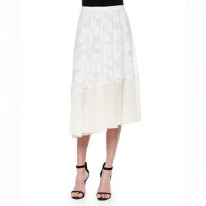 Rebecca Taylor Asymmetrical Hem Mixed Fabric Midi Skirt Size 4 Silk Floral White